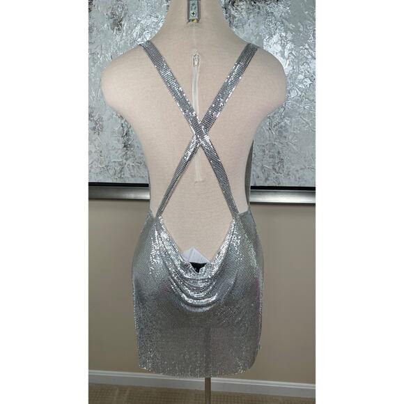 MICHAEL LO SORDO Cross Drape Chain Mail Mini Dress in Silver Size 6 - Picture 11 of 12